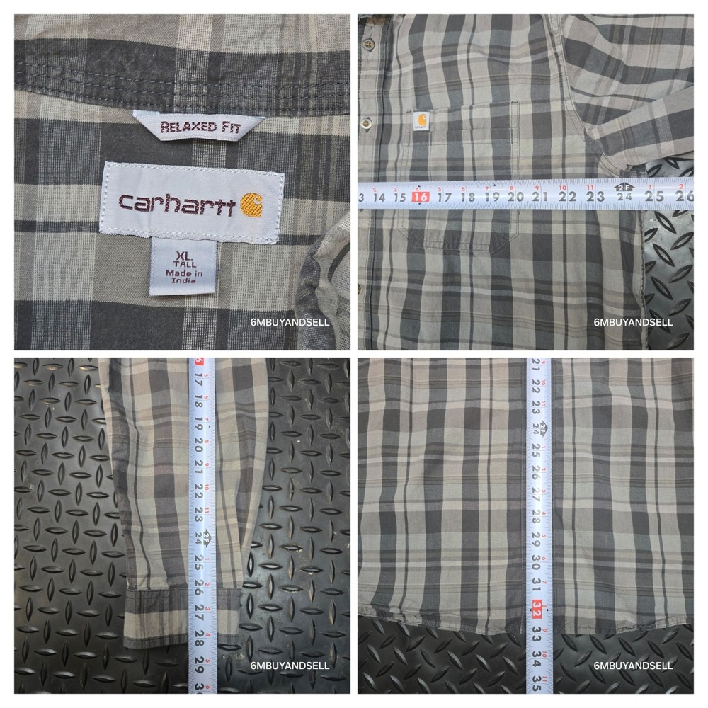 Carhartt Mens XL Tall Relaxed Fit Plaid Button Down Shirt Gray Tan 104444 029 - Picture 7 of 14